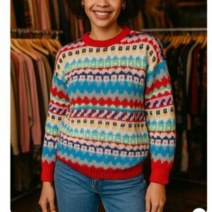 Diane Von Furstenberg Sweater L Multicolor Geometric Knit Pullover Retro Cozy